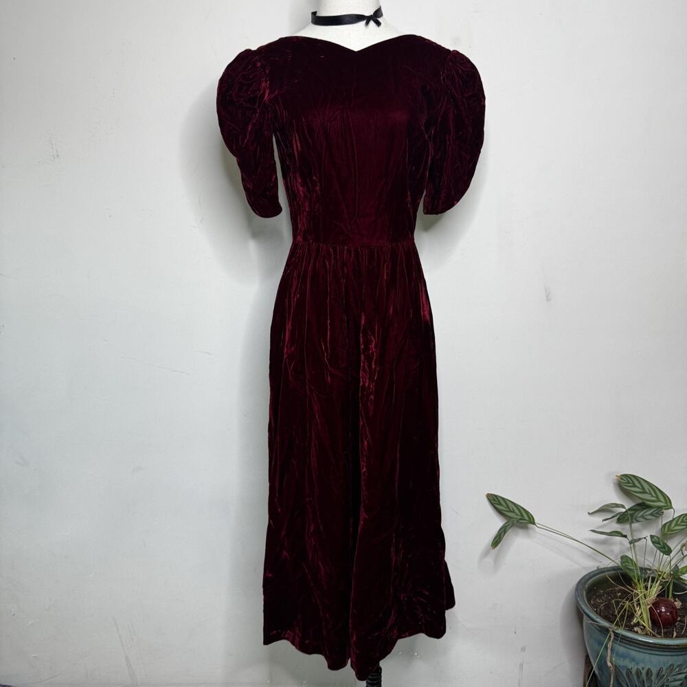 Vintage Lanz Red Velvet Puff Sleeve Midi Dress Low Back 80s Size 6